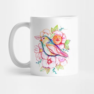 floral bird illustration with rainbow colors, peonies, pink flowers, pink bird, cute illustration Mug